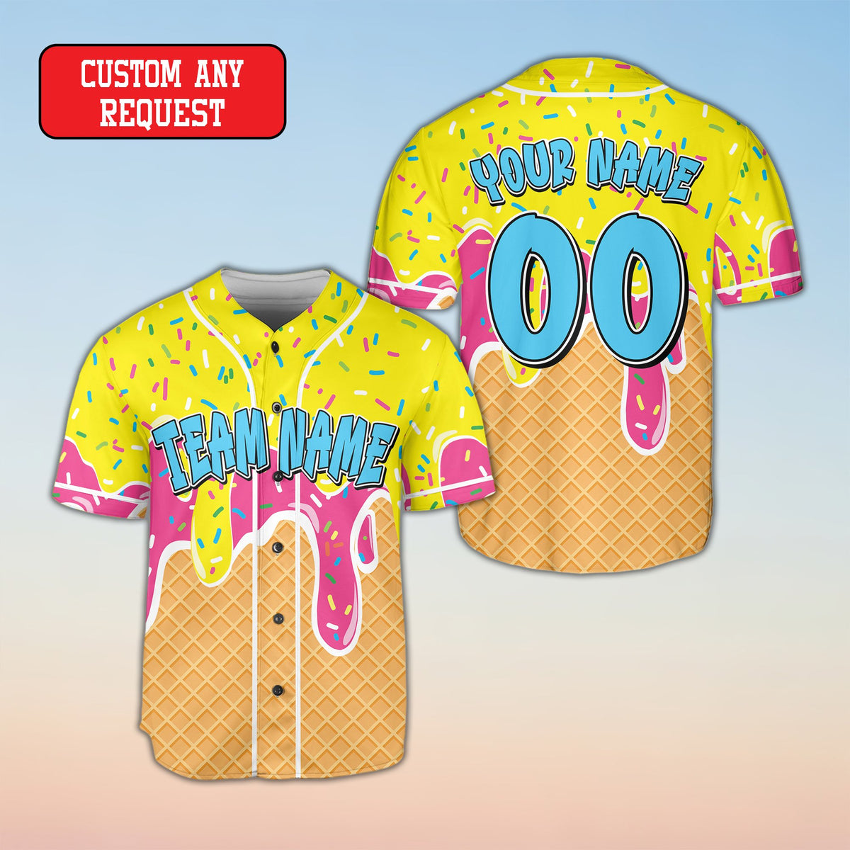 Full front view of personalized pink ice baseball jersey