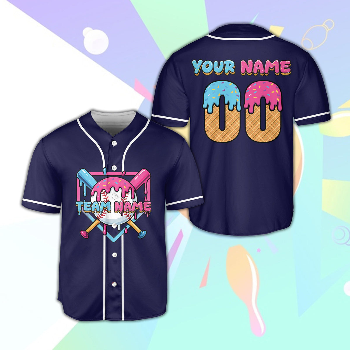 Front view of personalized navy ice cream baseball jersey