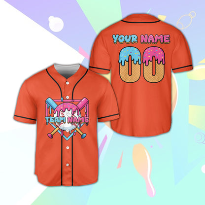Front view of personalized orange ice cream baseball jersey