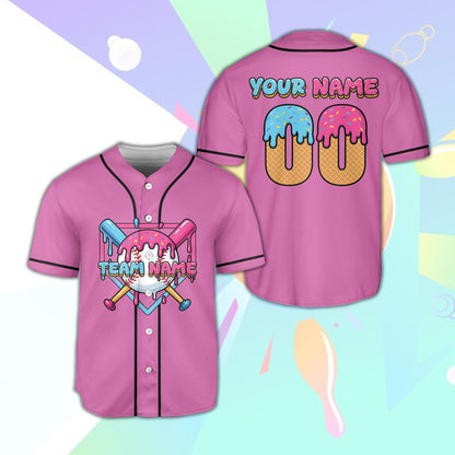 Front view of personalized pink ice cream baseball jersey