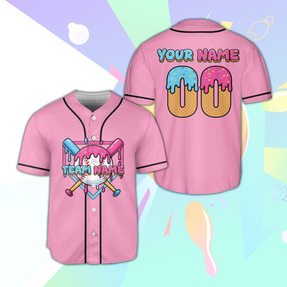 Front view of personalized alternative pink ice cream baseball jersey