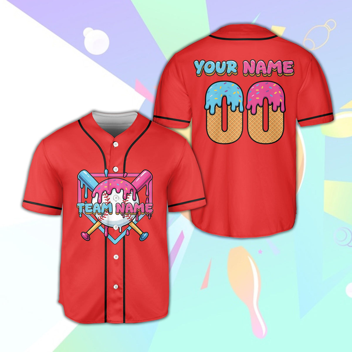 Front view of personalized red ice cream baseball jersey