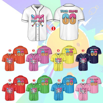 Front view of personalized white ice cream baseball jersey
