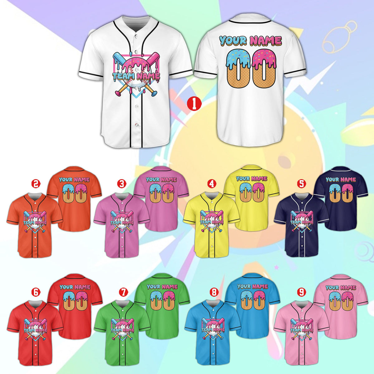 Personalized white ice cream baseball jersey with custom name and number, front view