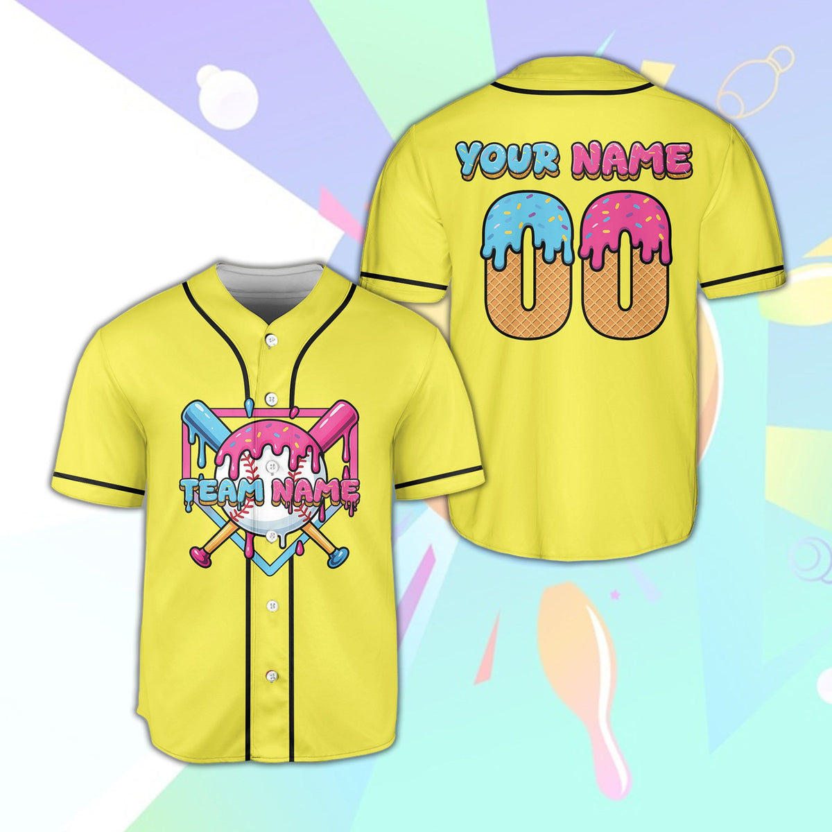 Front view of personalized yellow ice cream baseball jersey