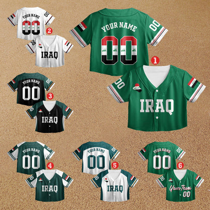 Front view of multicolor personalized baseball jersey with Iraq map and flag
