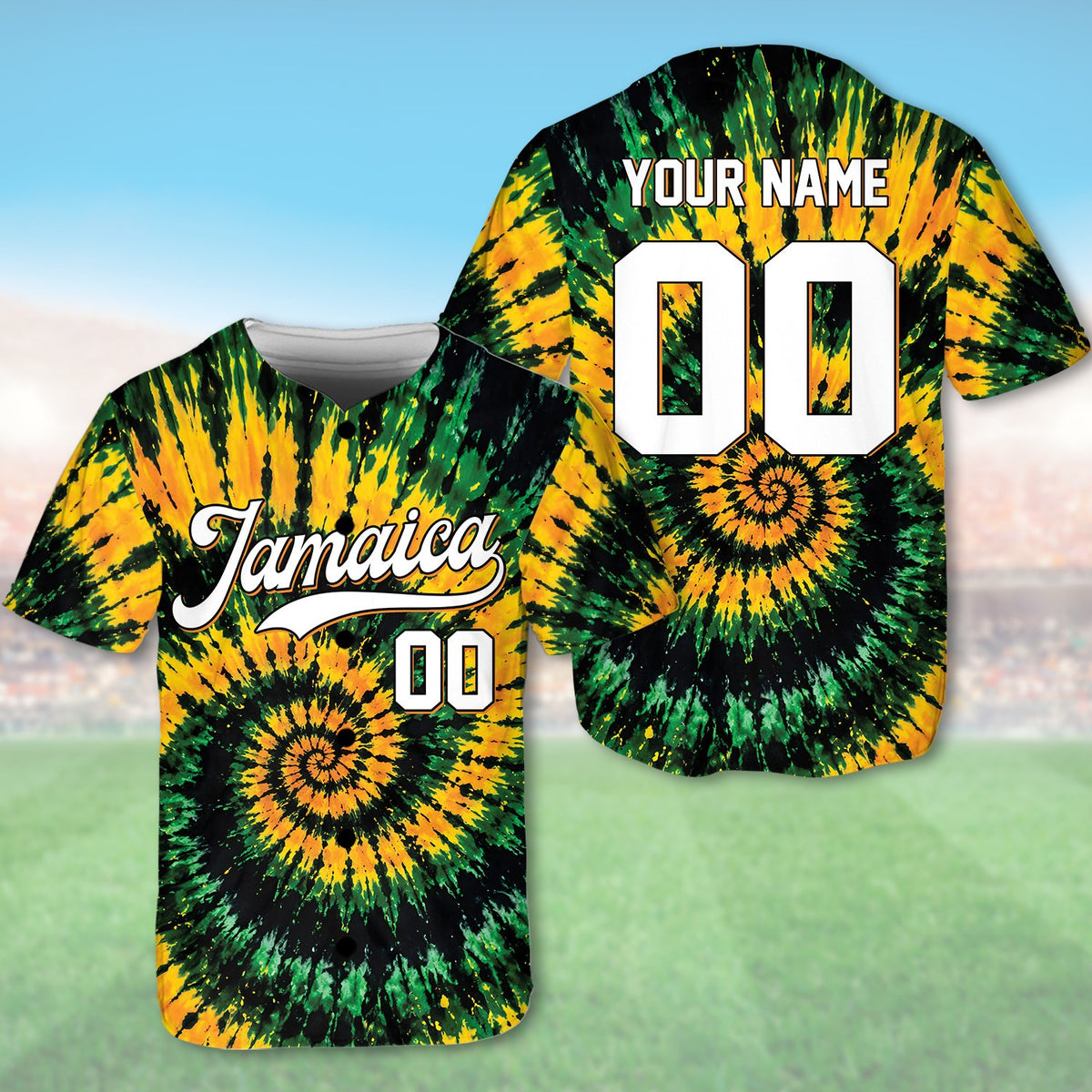 Detailed front view of the jamaica tie dye custom baseball jersey