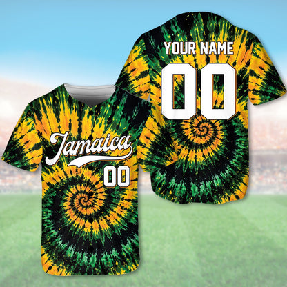 Detailed front view of the jamaica tie dye custom baseball jersey
