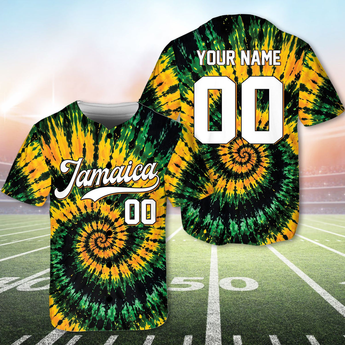 Another detailed front view of the personalized jamaica tie dye baseball jersey