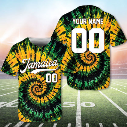 Another detailed front view of the personalized jamaica tie dye baseball jersey
