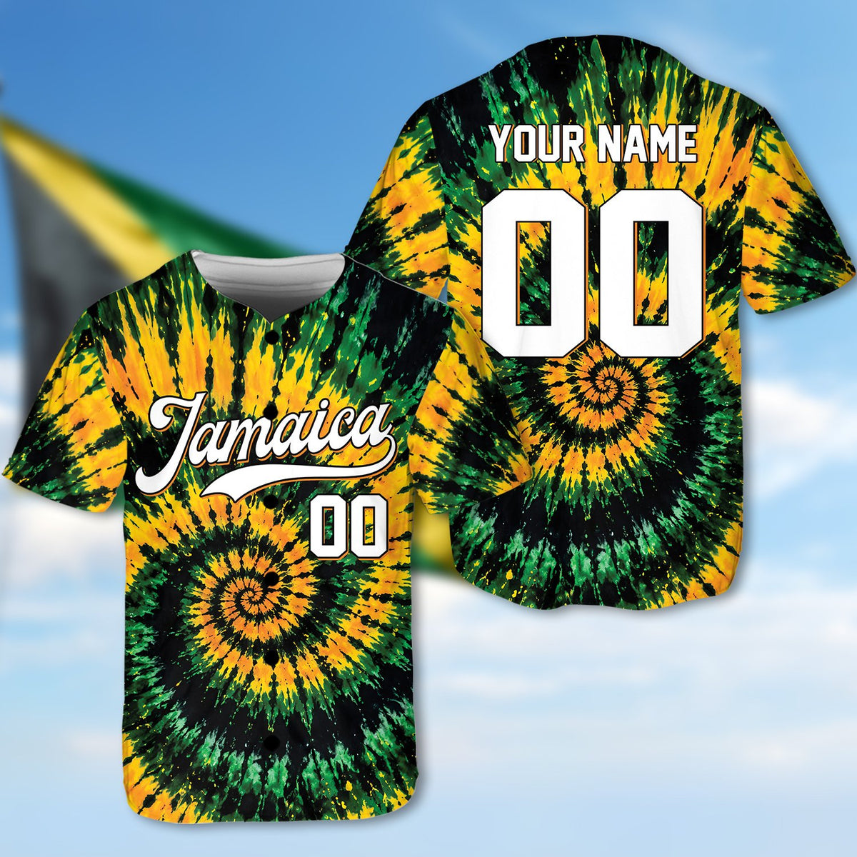 Personalized jamaica tie dye baseball jersey with custom name and number, main view