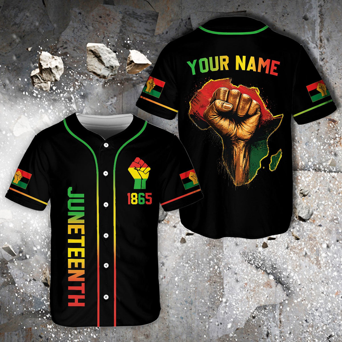 Front view of black juneteenth baseball jersey, variant 4