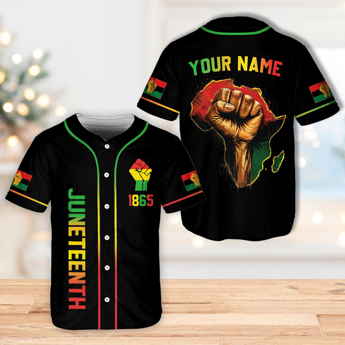 Front view of black juneteenth baseball jersey, variant 5