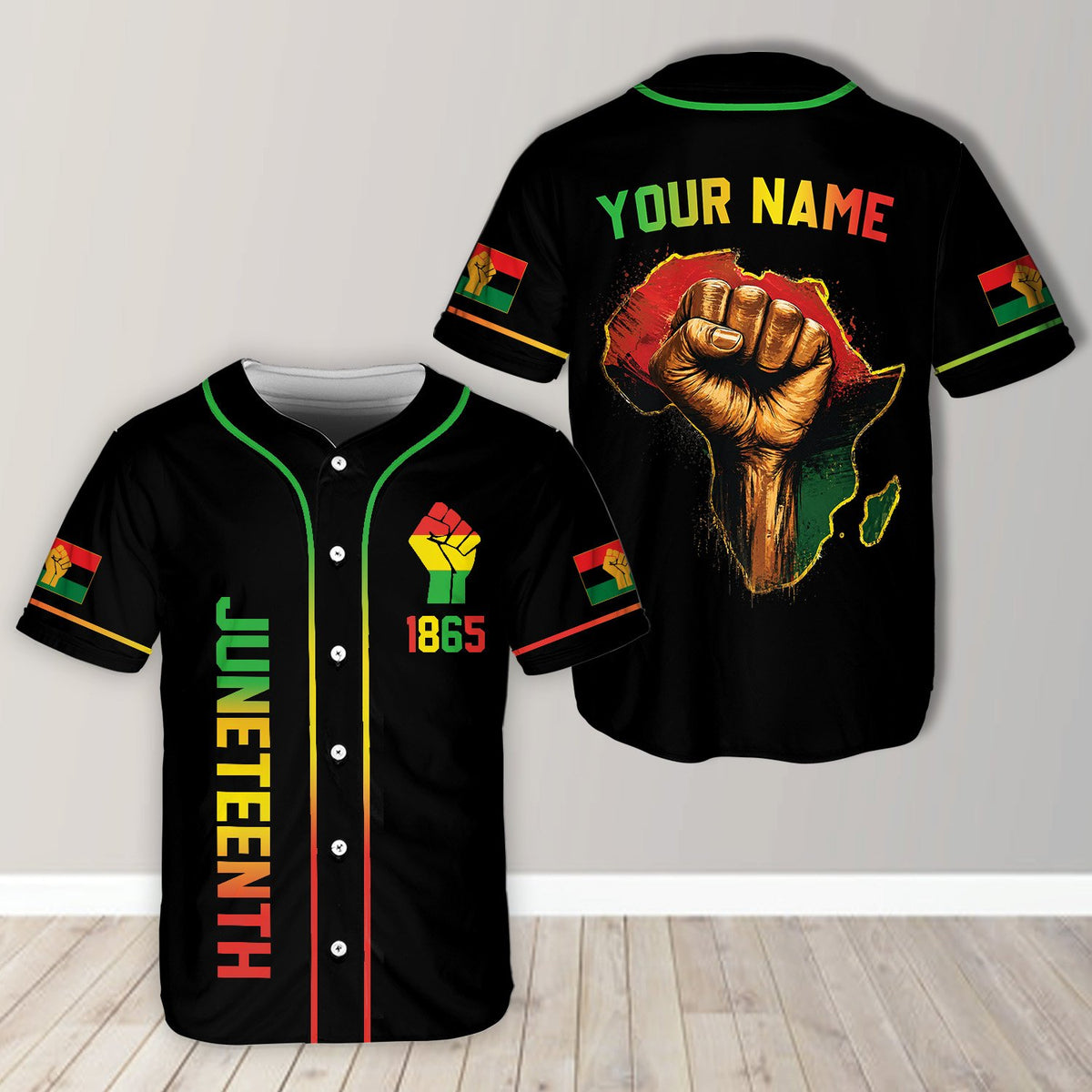 Front view of black juneteenth baseball jersey, variant 6