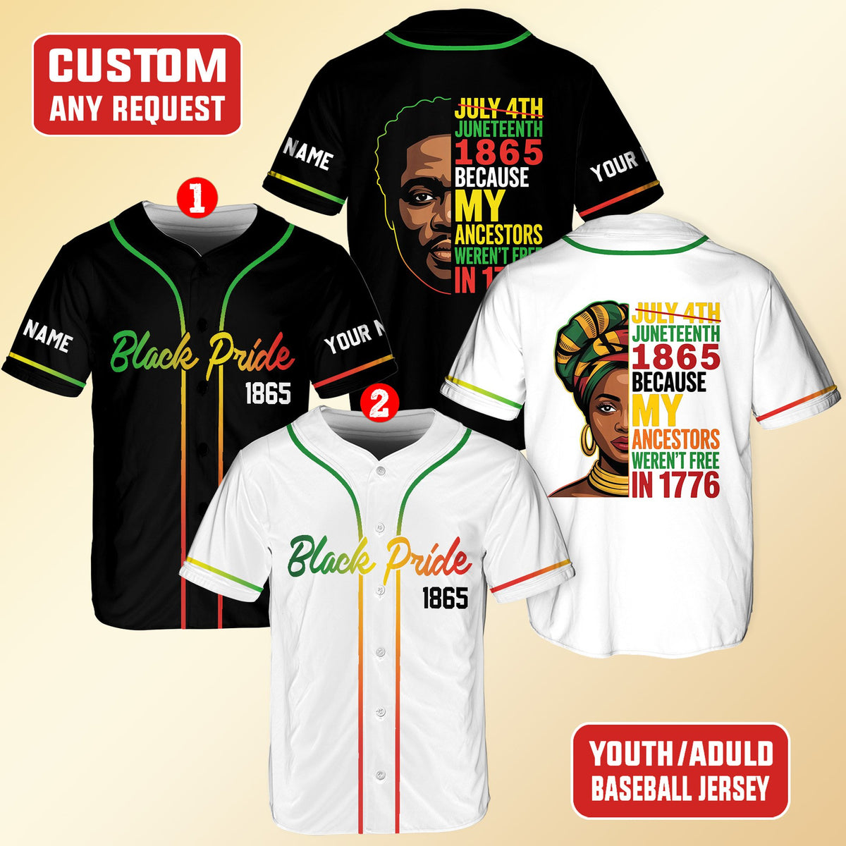 Full view of the personalized Juneteenth baseball jersey layout