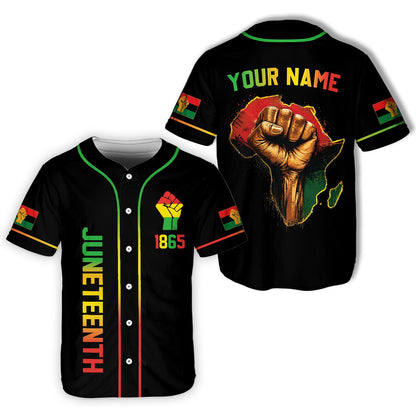 Black juneteenth baseball jersey with custom name and number, main front view