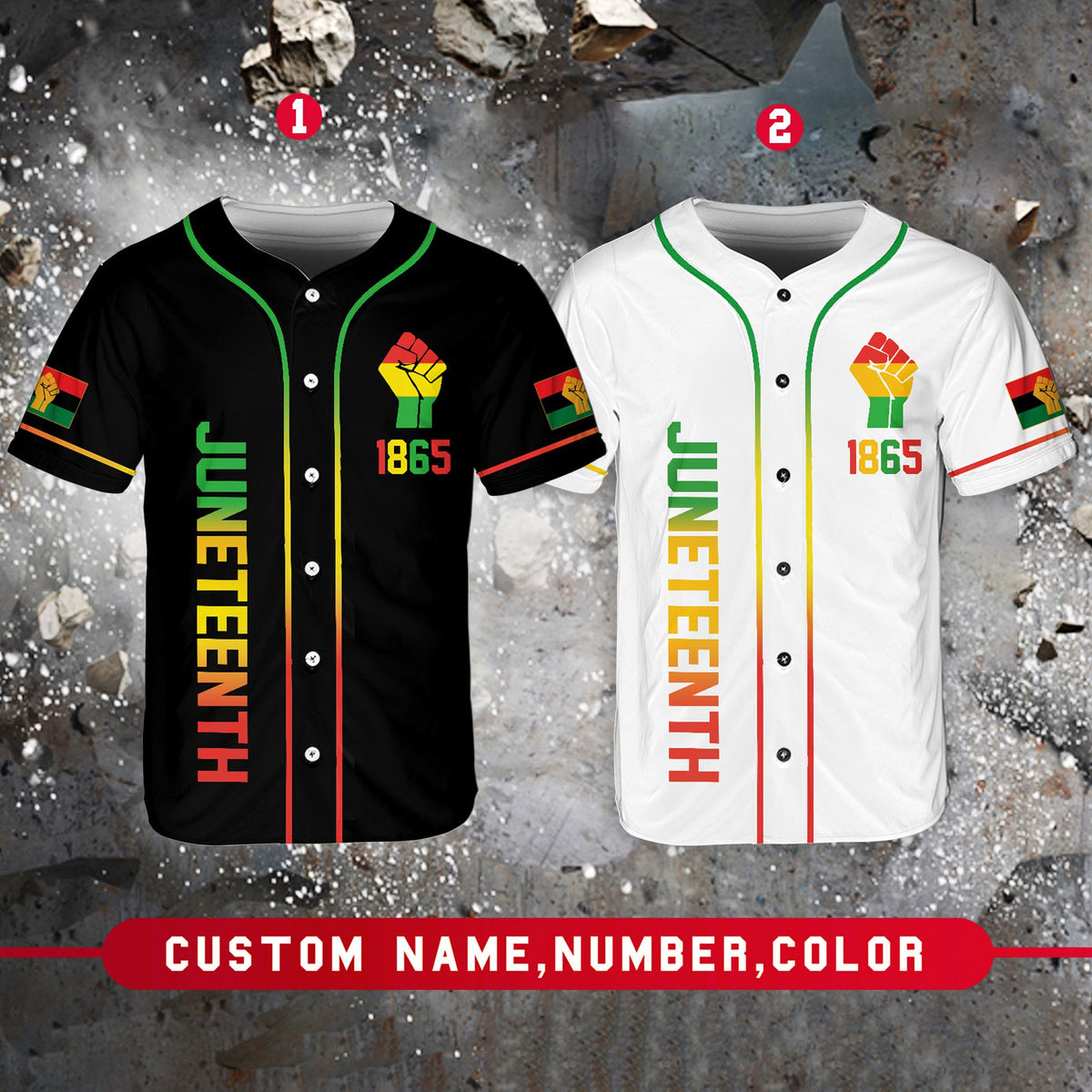 Front view of personalized baseball jersey with Juneteenth design, multicolor variant 2
