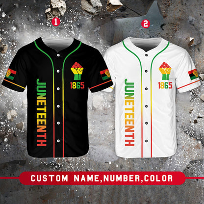 Front view of personalized baseball jersey with Juneteenth design, multicolor variant 2