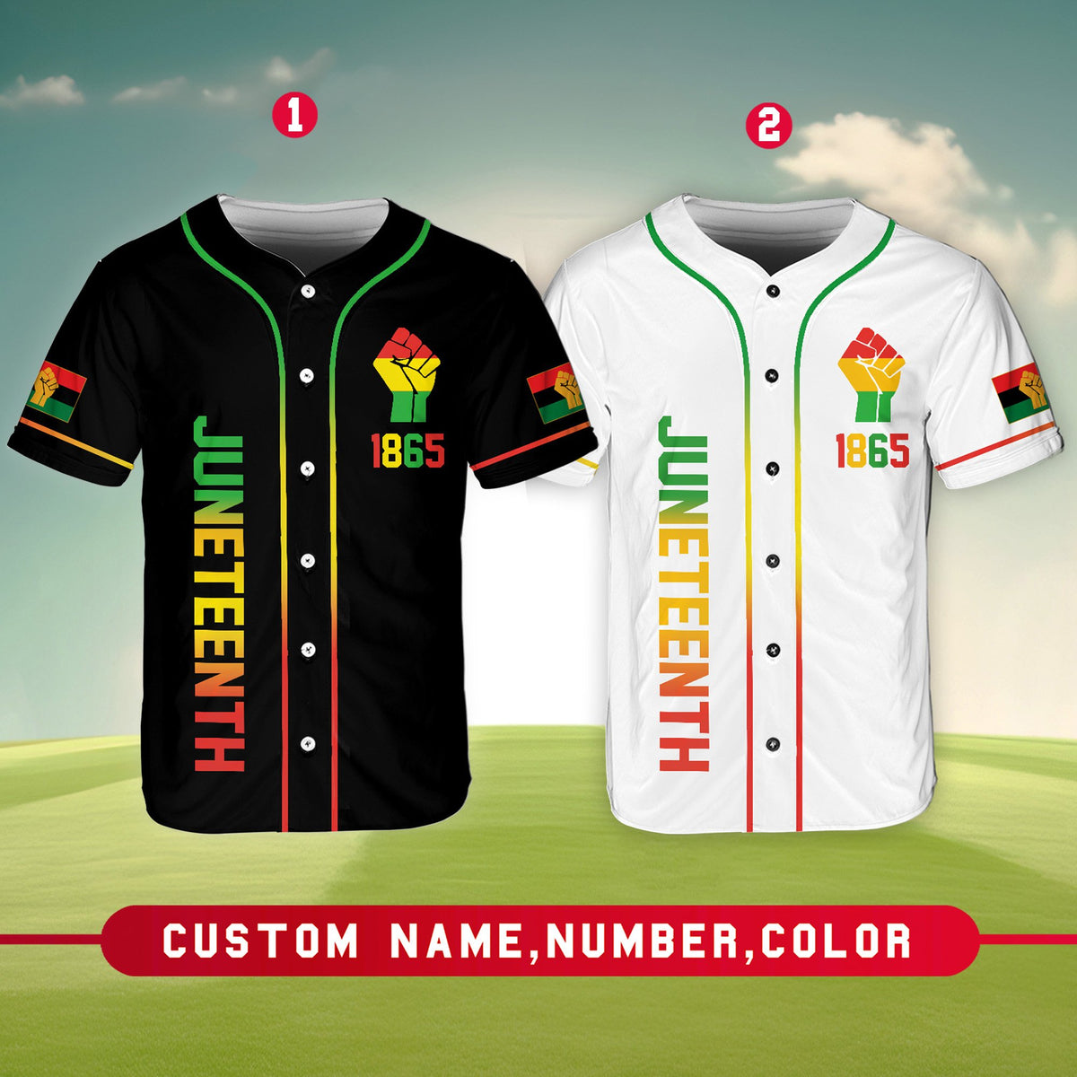 Front view of personalized baseball jersey with Juneteenth design, multicolor variant 3