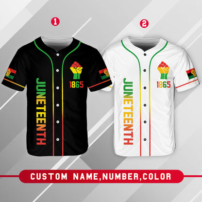 Front view of personalized baseball jersey with Juneteenth design, multicolor
