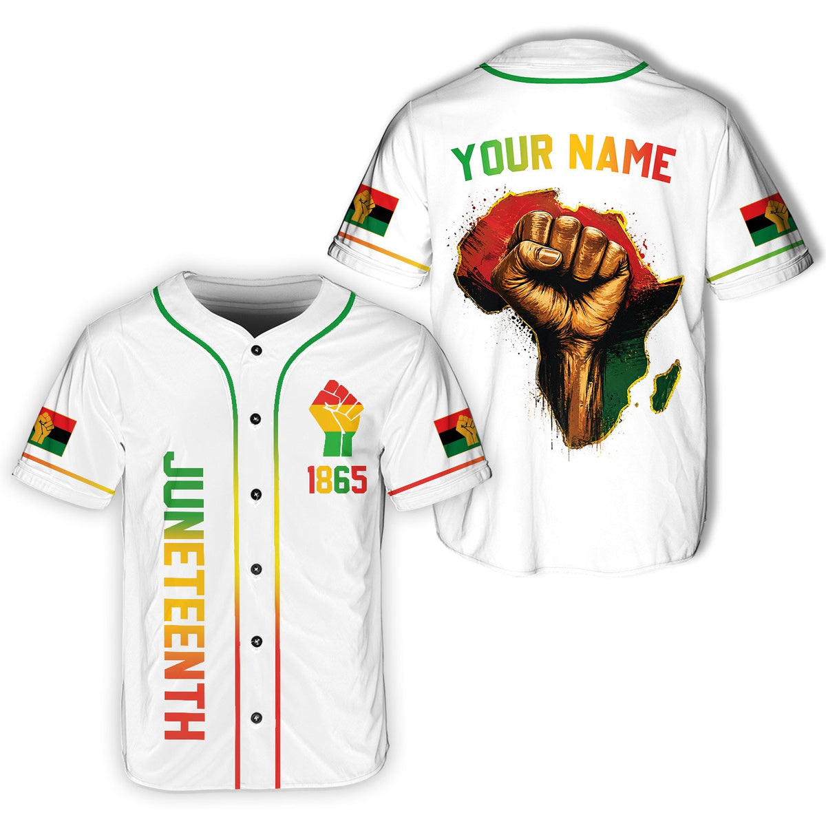 Front view of white variant personalized baseball jersey with Juneteenth design, variant 7
