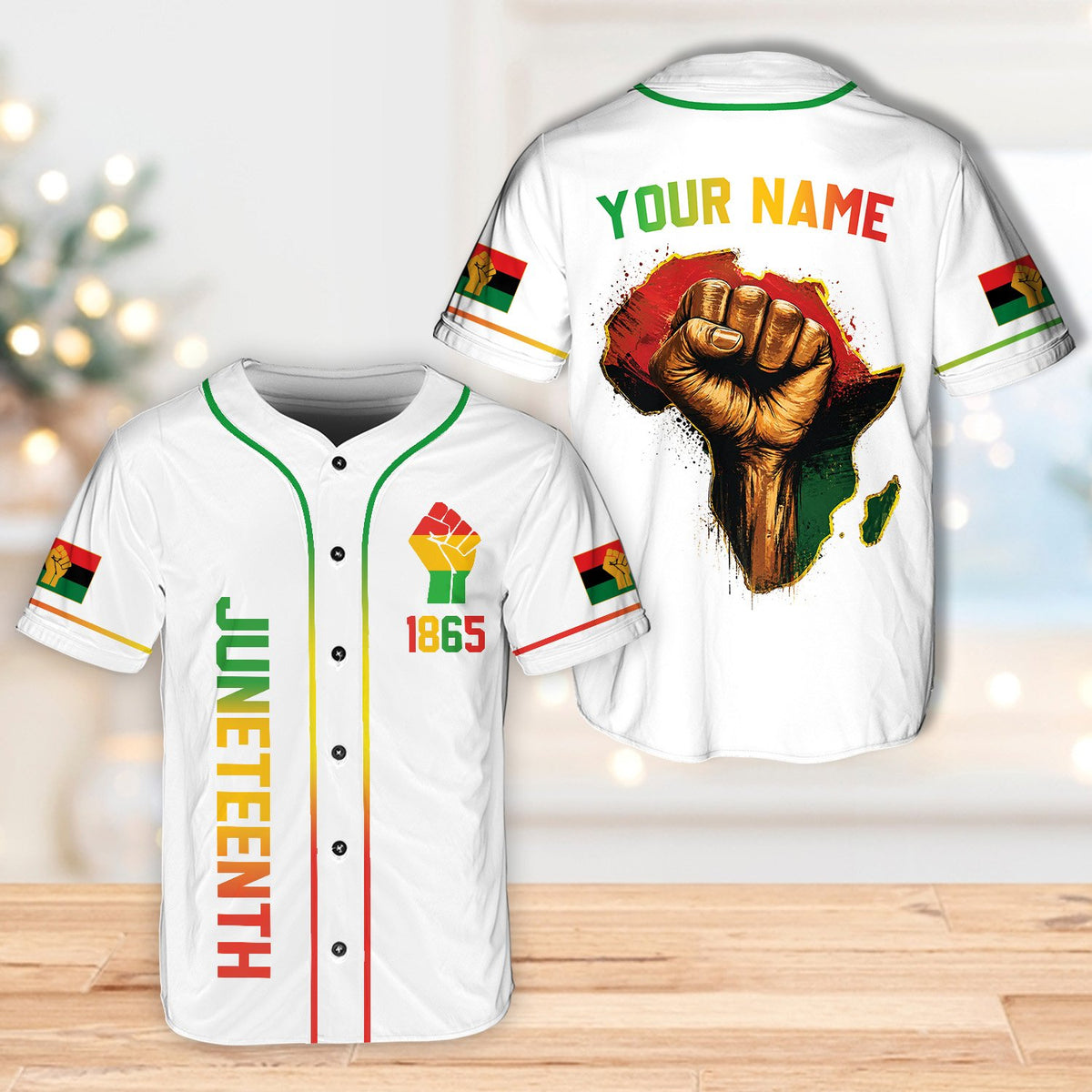 Front view of white variant personalized baseball jersey with Juneteenth design, variant 8