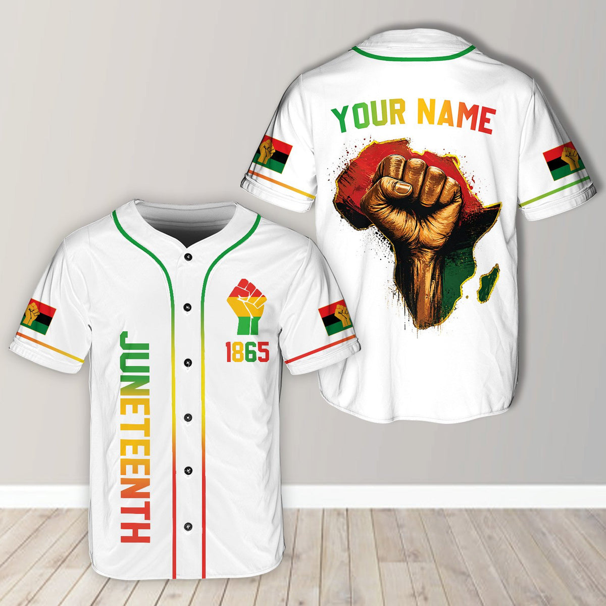 Front view of white variant personalized baseball jersey with Juneteenth design, variant 9
