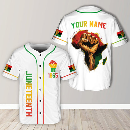 Front view of white variant personalized baseball jersey with Juneteenth design, variant 9