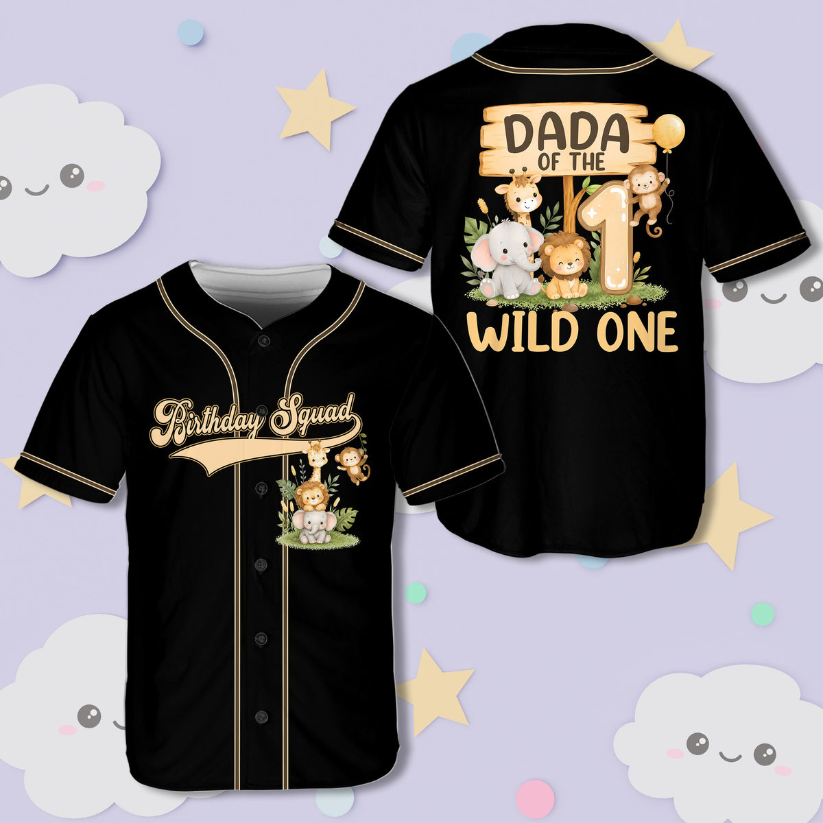 Personalized black jungle baseball jersey with safari birthday design, front view