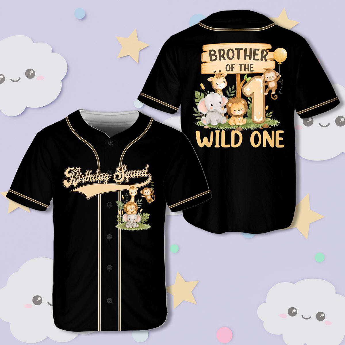 Black customized birthday baseball jersey, front view
