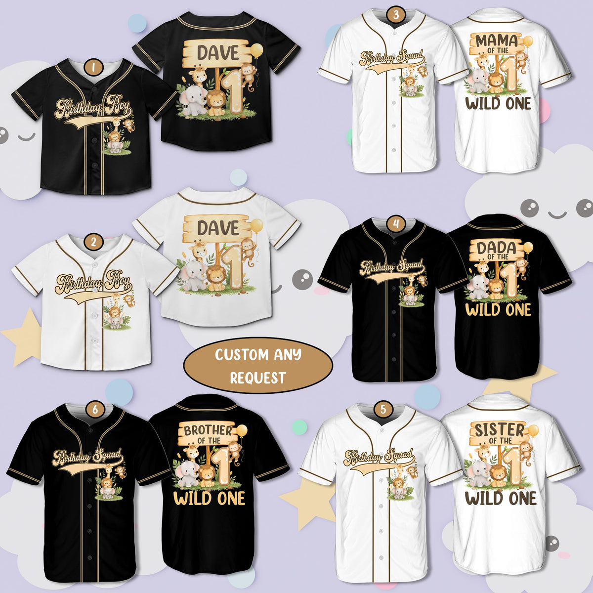 Multicolor view of the jungle safari birthday baseball jerseys