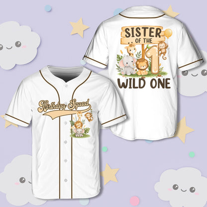White safari baseball jersey with cute animal illustrations, front view