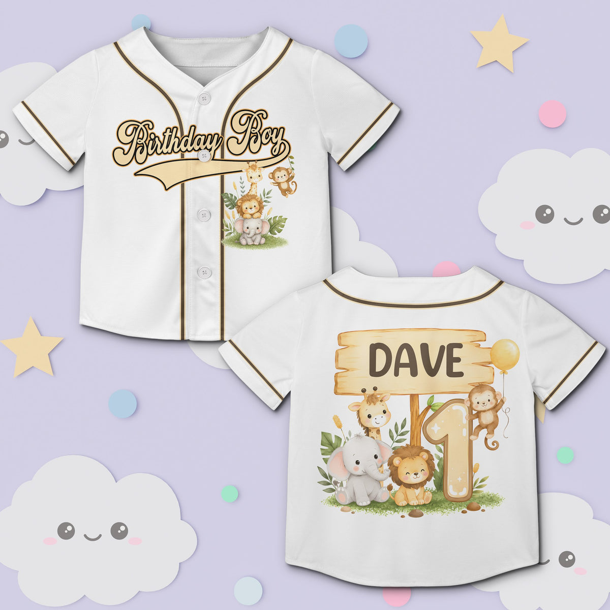 White personalized birthday squad baseball jersey, front view