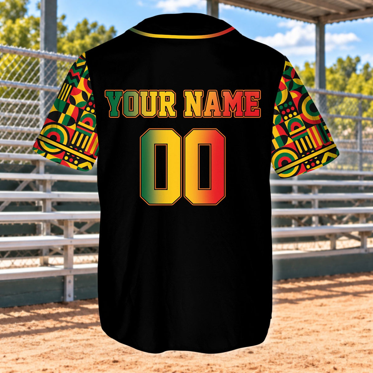 Alternate back view of the black Kwanzaa custom baseball jersey