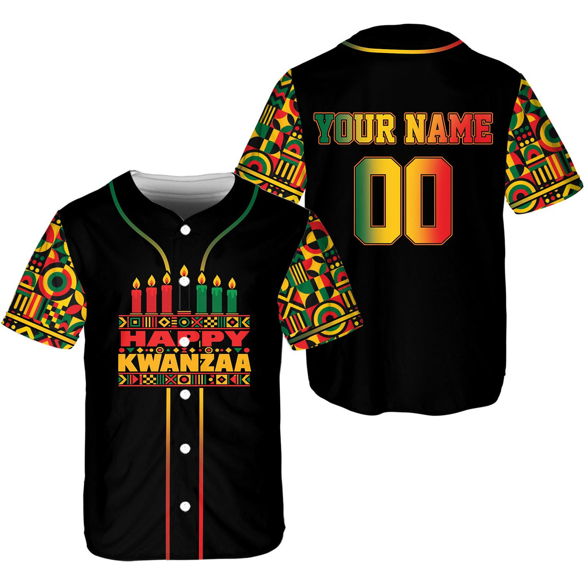 Custom black Kwanzaa baseball jersey with pan-african colors, alternate main view