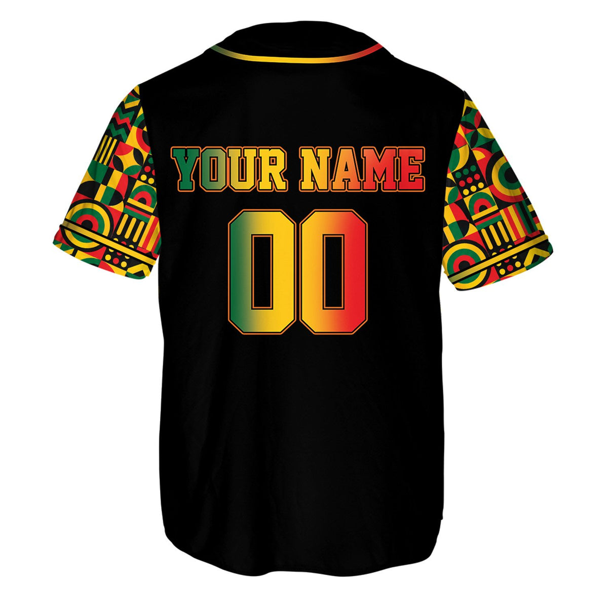 Detailed back view of the Kwanzaa geometric baseball jersey