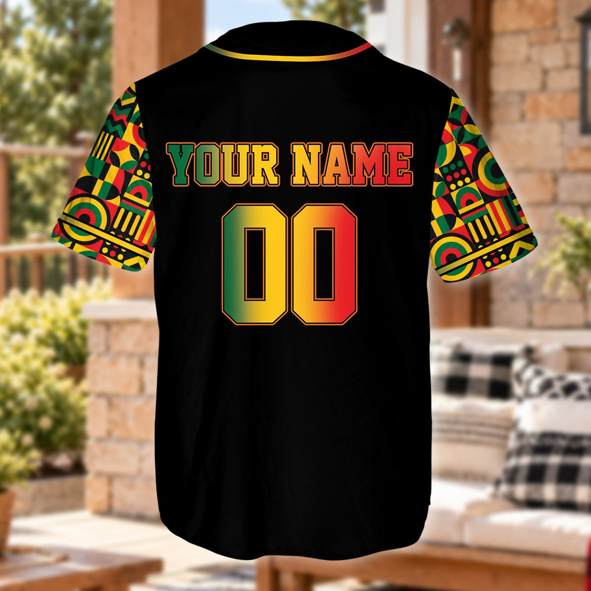 Back view of the personalized Kwanzaa baseball jersey showing custom name and number