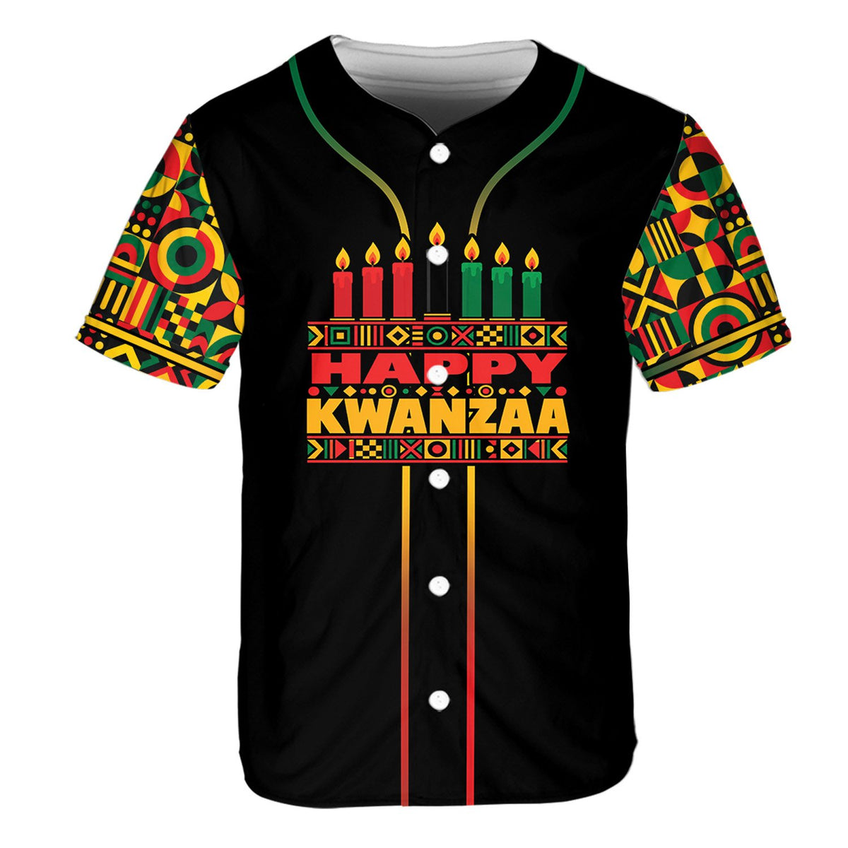 Personalized black Kwanzaa baseball jersey featuring geometric patterns, main view 2