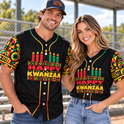 Lifestyle view of an adult wearing the personalized black Kwanzaa baseball jersey