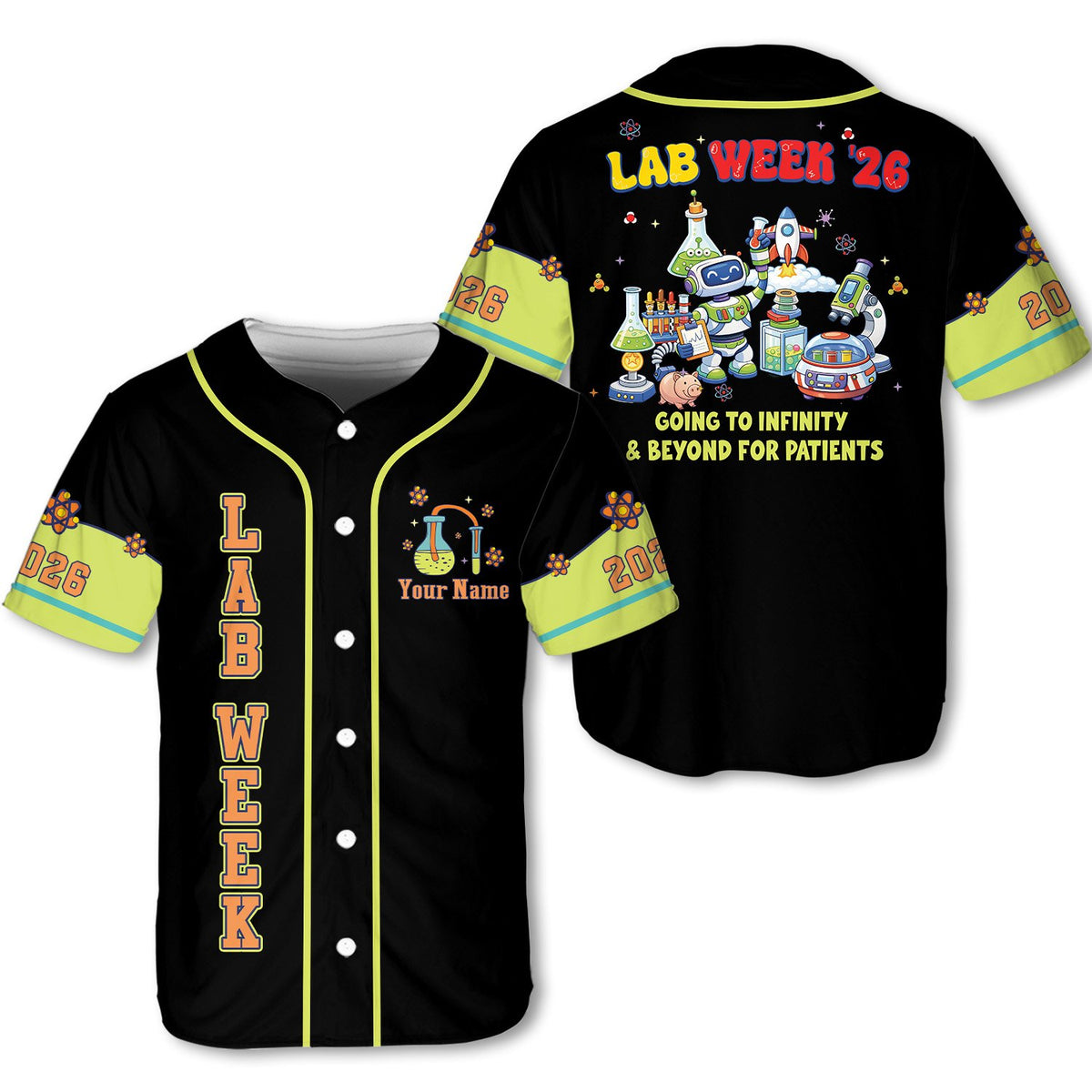 Black personalized baseball jersey with space lab theme on front