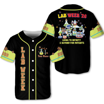 Black personalized baseball jersey with space lab theme on front