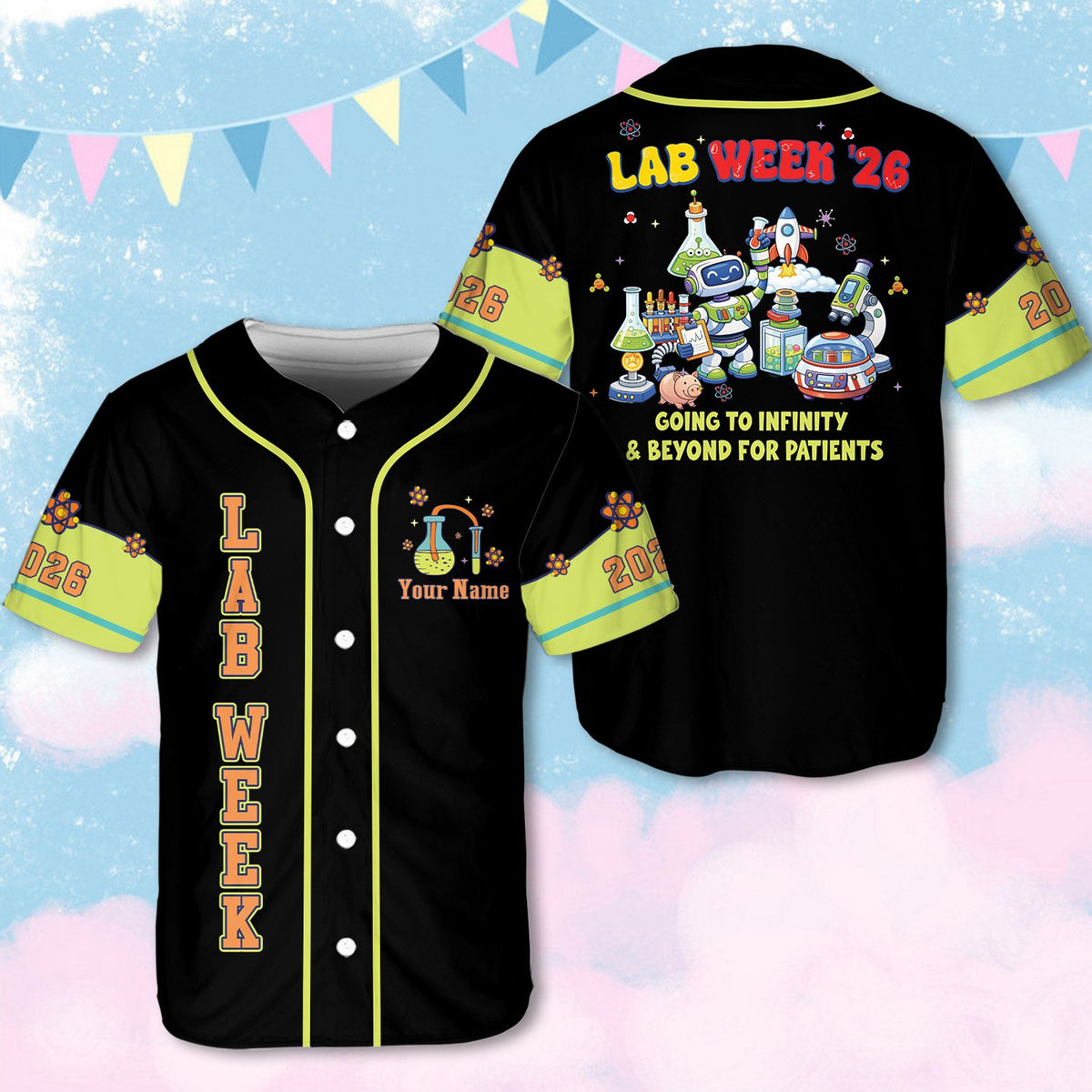 Black lab week baseball jersey featuring space theme and custom name on front