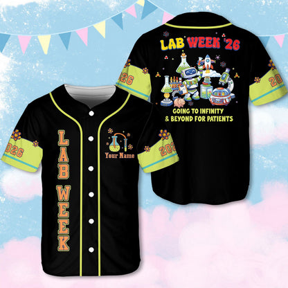 Black lab week baseball jersey featuring space theme and custom name on front
