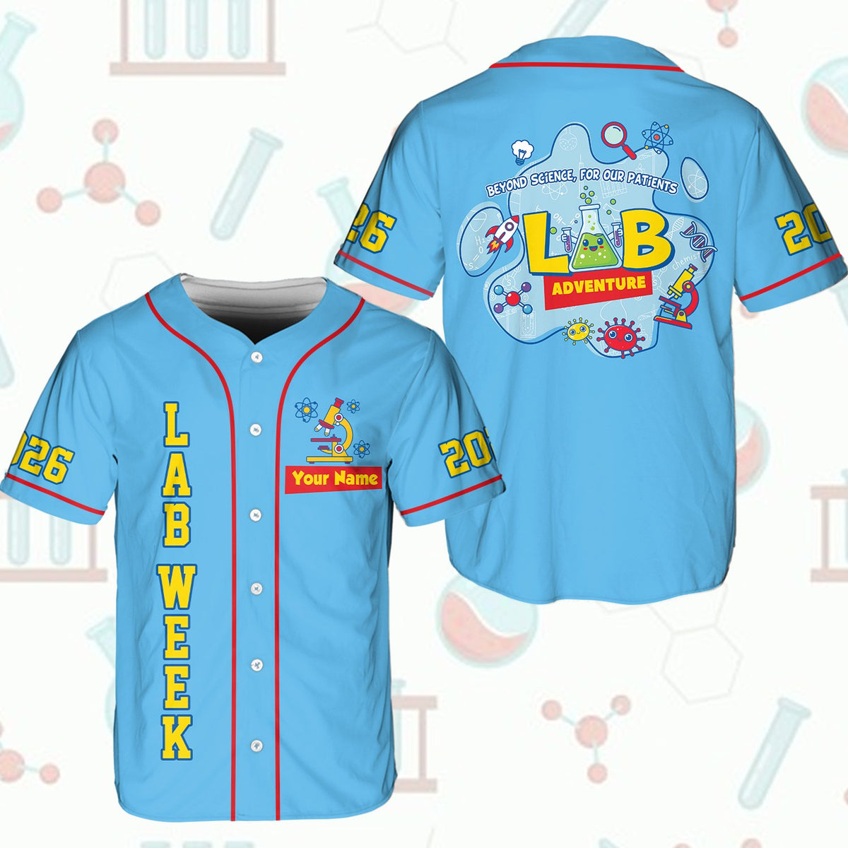 Personalized blue lab baseball jersey showing custom name and number, alternate view
