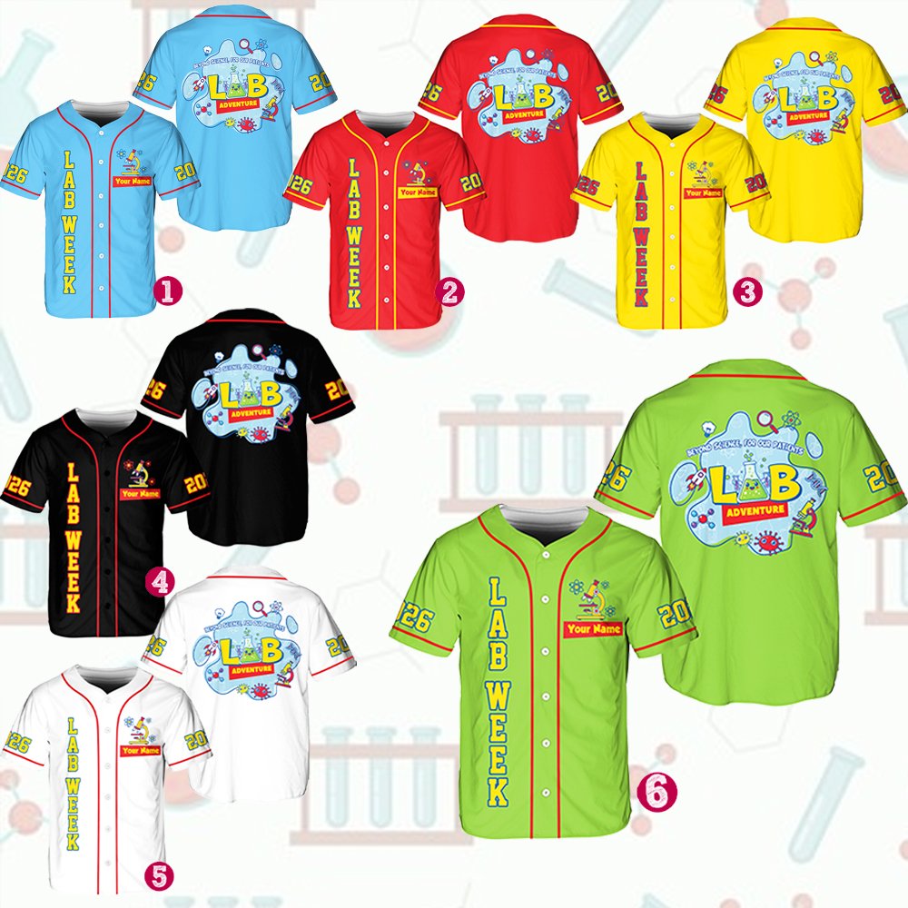 Alternate front view of the personalized lab week baseball jersey showing beaker graphic