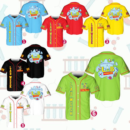 Alternate front view of the personalized lab week baseball jersey showing beaker graphic