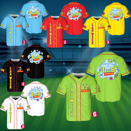 Close up front view of the personalized lab week baseball jersey