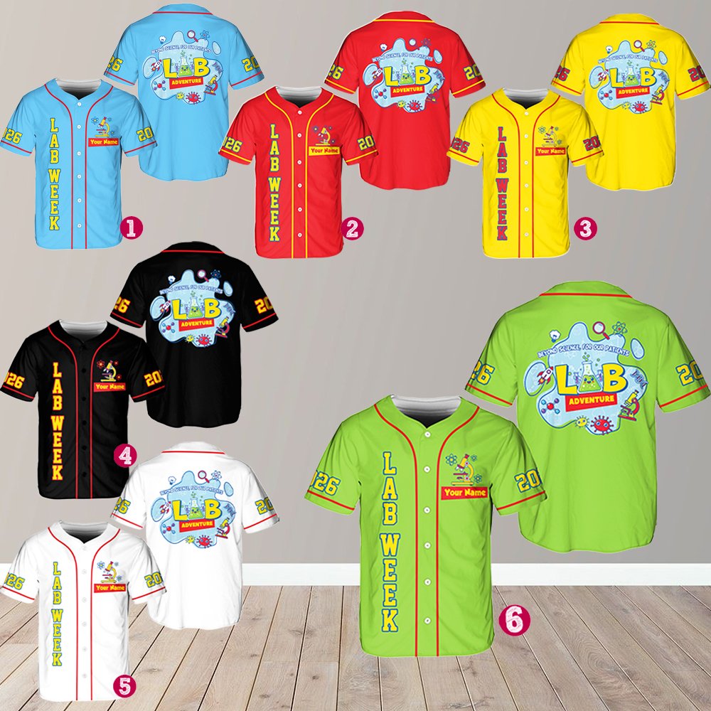 Detailed front view of the personalized lab week baseball jersey graphics