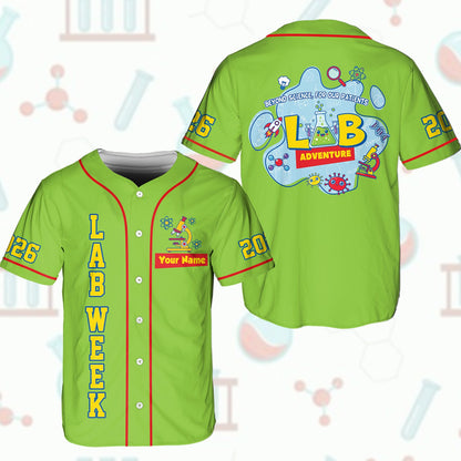 Personalized green lab week baseball jersey showing custom name and number, alternate view