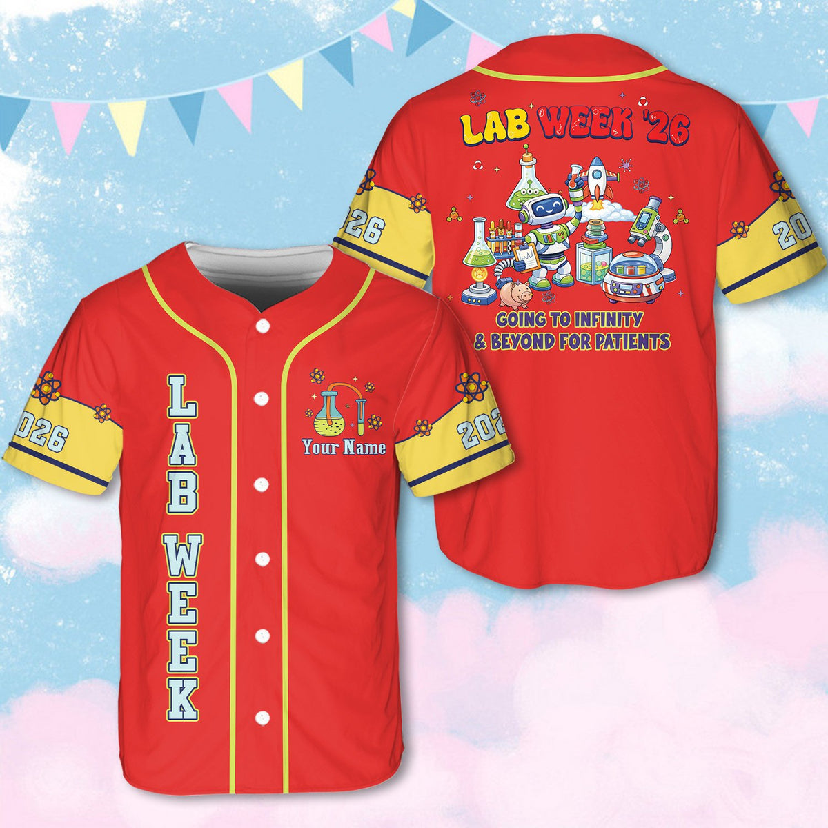 Red custom name baseball jersey featuring space and science lab theme
